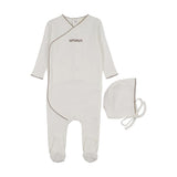 Mema Winter White / Taupe Embroidery Amour Embroidered Footie + Bonnet