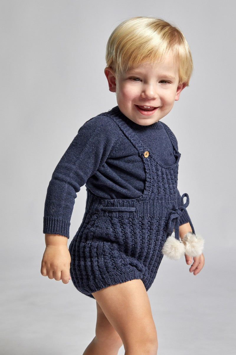 Nueces Navy Pompom Knit Romper Set