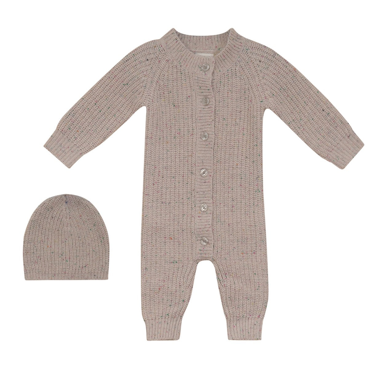 Pompomme Oatmeal Speckled Speckled Onesie With Hat