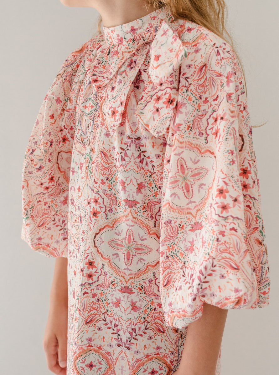Petite Amalie Pink Moroccan Print Bow Neck Dress