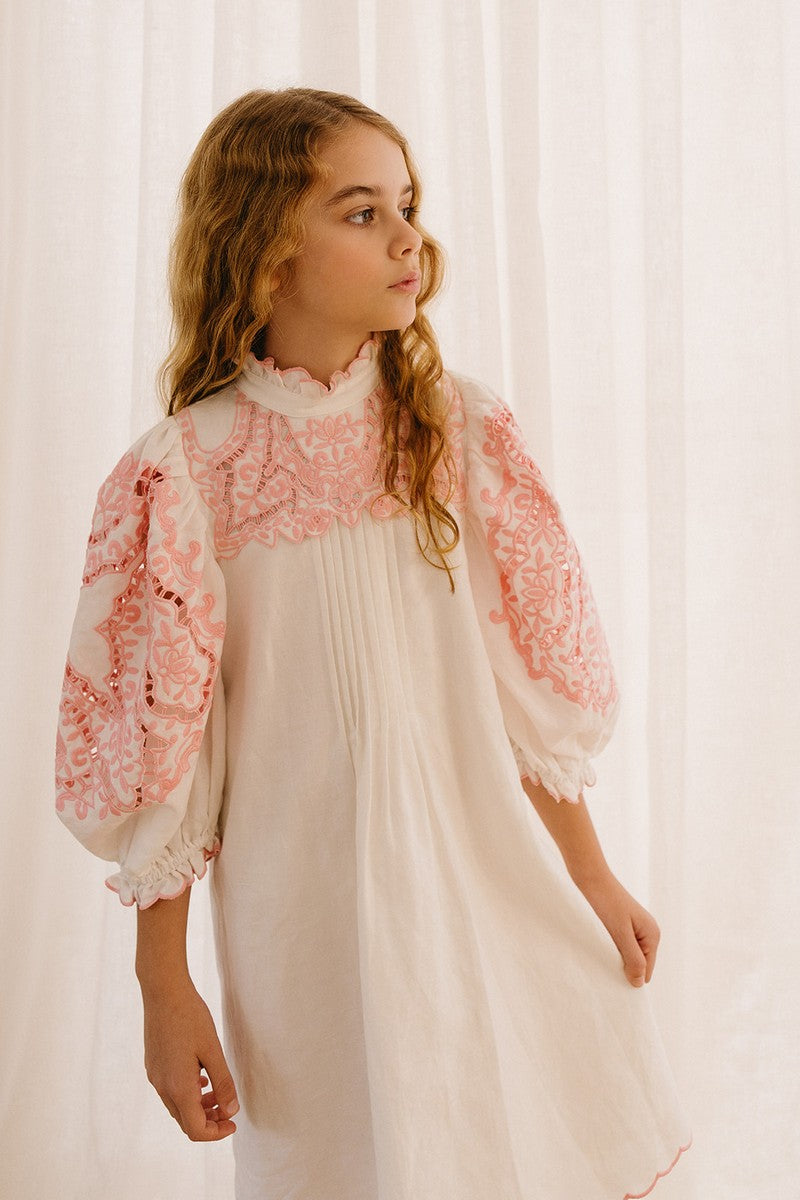Petite Amalie WhitePink Embroidered Sleeve Linen Dress