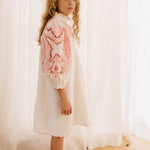 Petite Amalie WhitePink Embroidered Sleeve Linen Dress