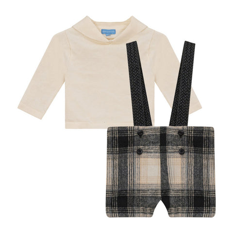 Pompomme EcruBlack Plaid Overall Set