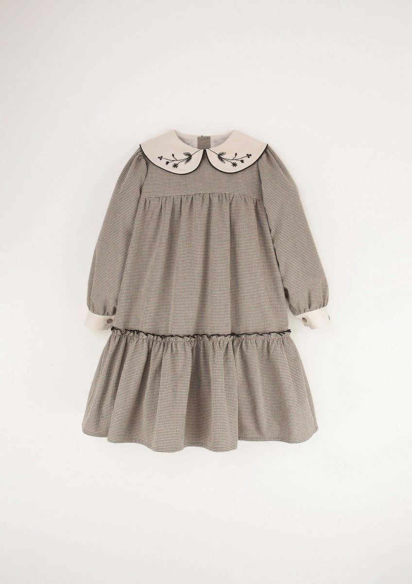 Popelin Black Gingham Embroidered Collar Dress