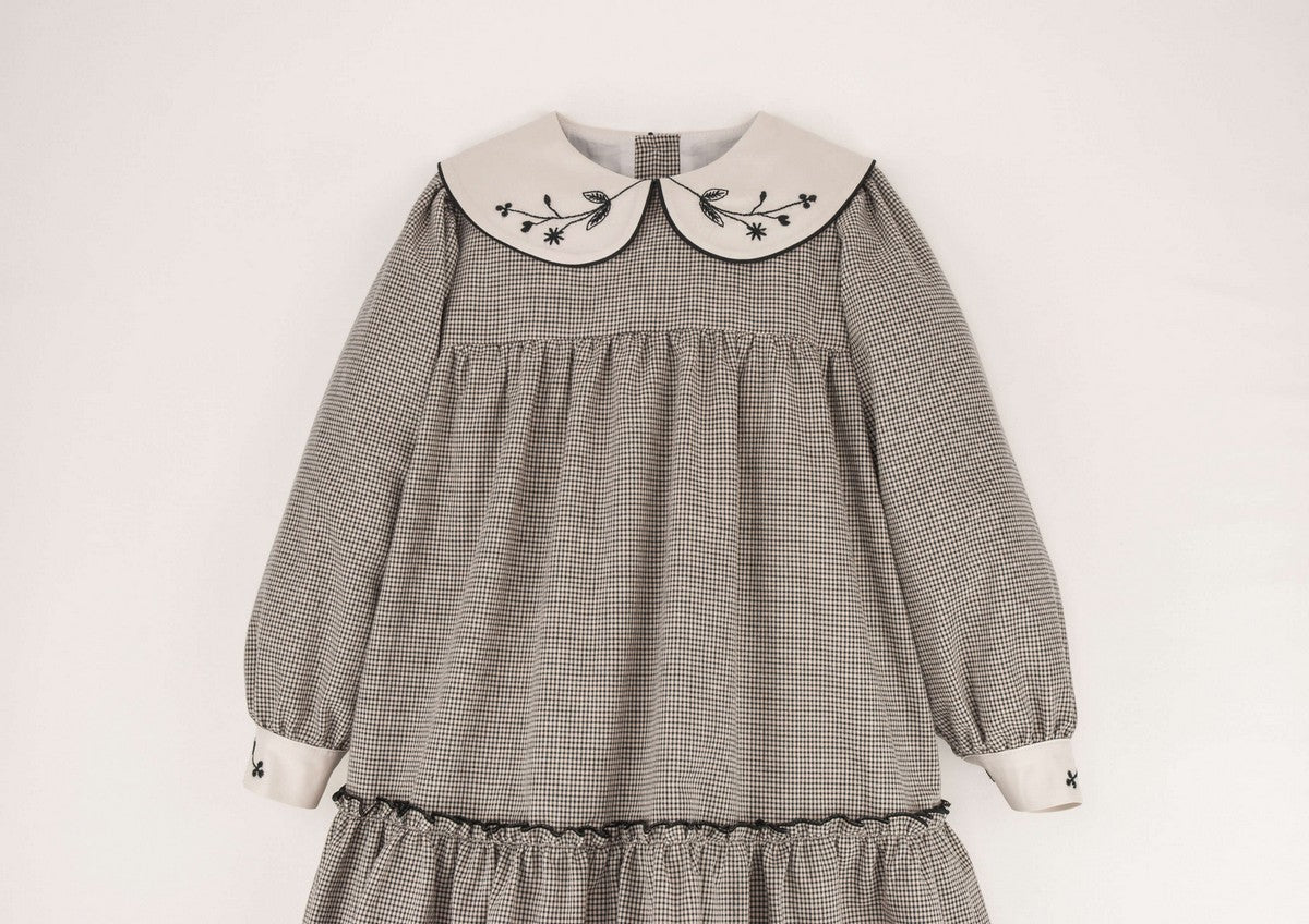 Popelin Black Gingham Embroidered Collar Dress