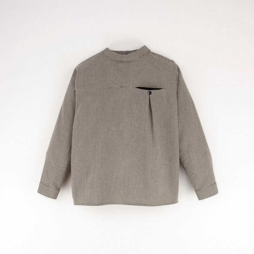 Popelin Black Gingham Mandarin Collar Shirt