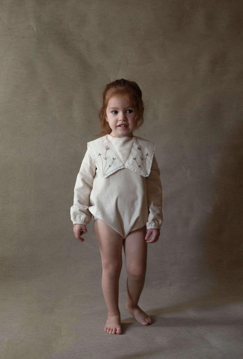 Popelin Off White Embroidered Bib Collar Romper