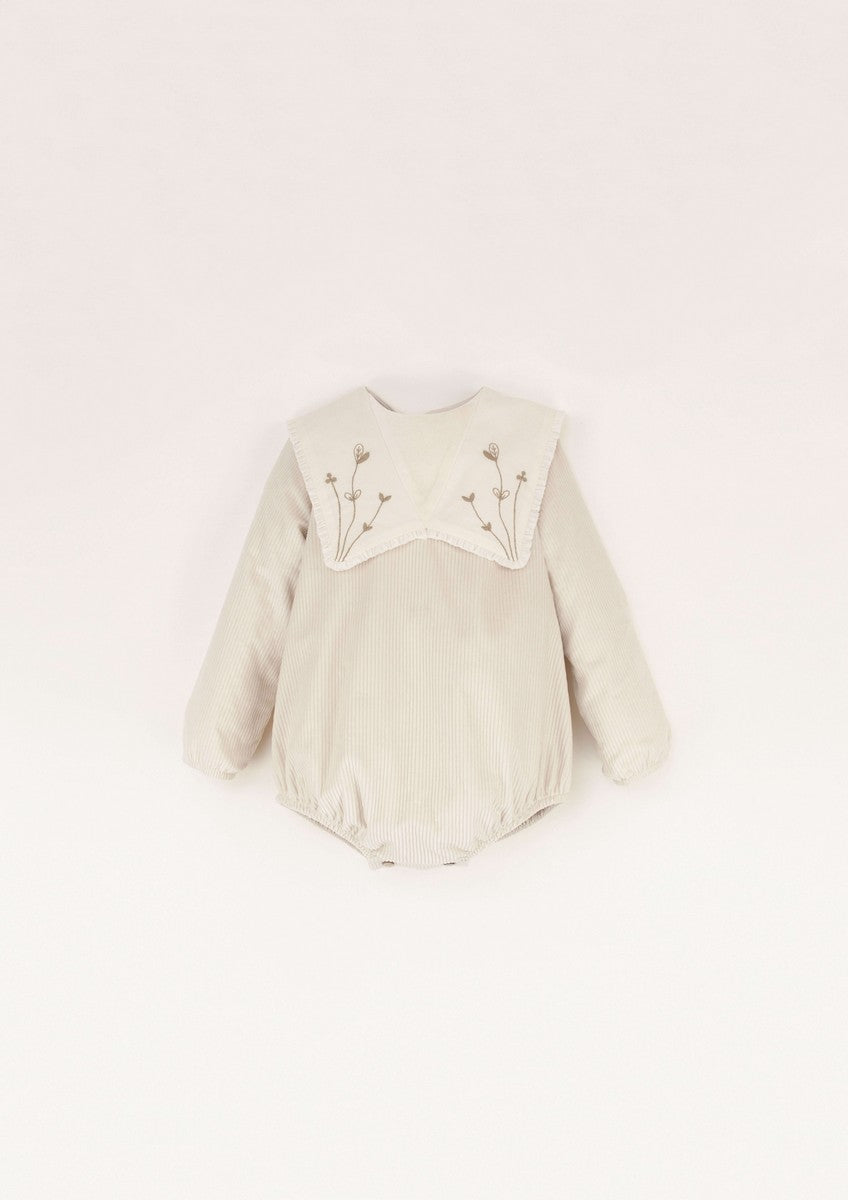 Popelin Off White Embroidered Bib Collar Romper