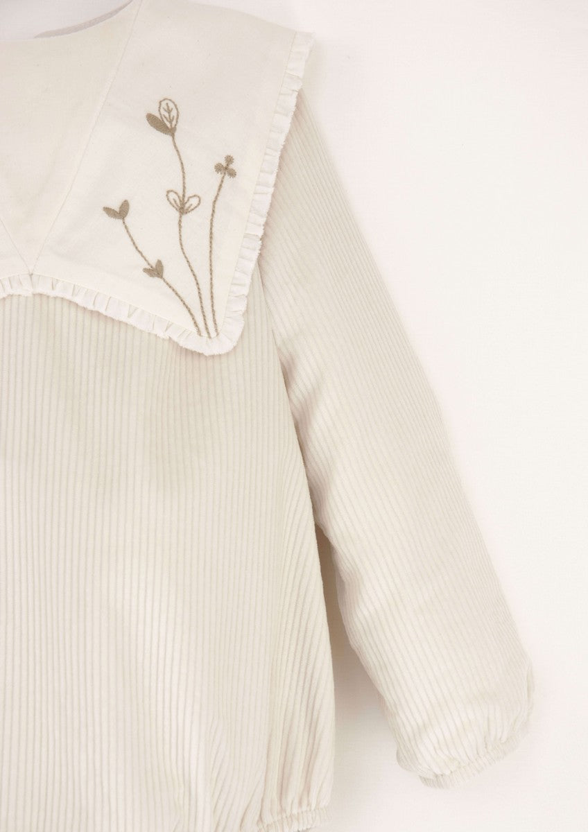 Popelin Off White Embroidered Bib Collar Romper