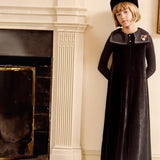 Parni Black Embroidered Collar Velour Maxi Robe