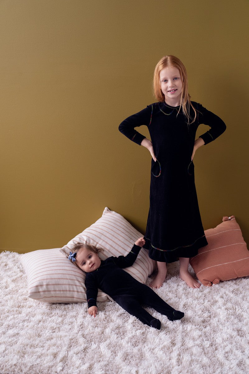 Teela Black Zig Zag Stitch Velour Nightgown
