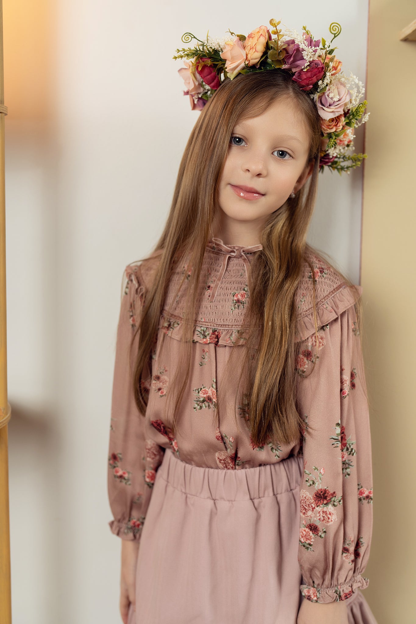 Teela Pink Floral Print Smocked Yoke Top