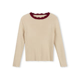 Tustello Cream Thin Ribbed Scalloped Trim Sweater