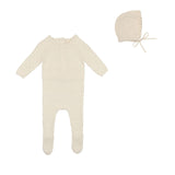 Lilette Ecru Vintage Knit Footie & Bonnet Set