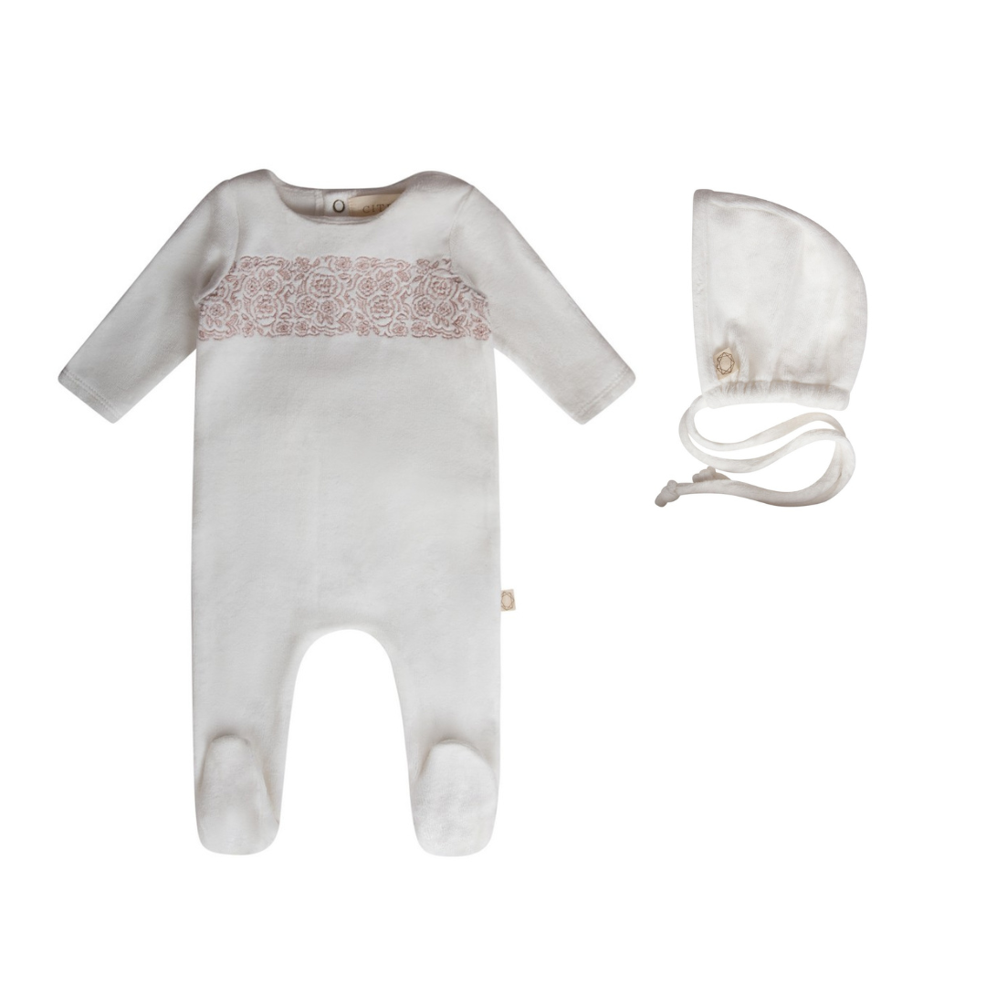 Citrine Velour White/Pink Embroidered Footie & Bonnet Set