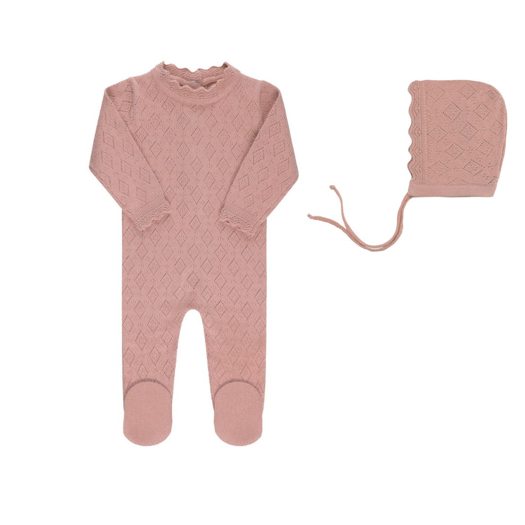 Ely's & Co Pink Pointelle Knit Footie & Bonnet Set