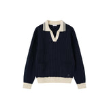 Coco Blanc Navy Cabled Collar Sweater
