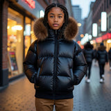 Scotch Bonnet Black/Natural Fur Girls Down Coat